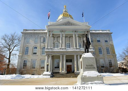 New Hampshire State House in winter, Concord, New Hampshire, USA. New Hampshire State House is the nation's oldest state house, built in 1816 - 1819.
