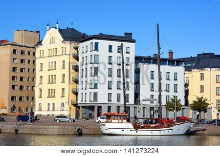 HELSINKI FINLAND 09 25 2015: Pohjoisranta is located in center and runs along northern harbor. On waterfront there are houses built in different architectural styles in different historical periods
