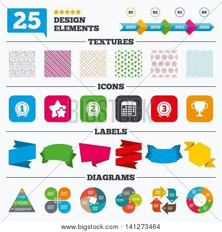 Offer sale tags, textures and charts. First, second and third place icons. Award medals sign symbols. Prize cup for winner. Sale price tags. Vector