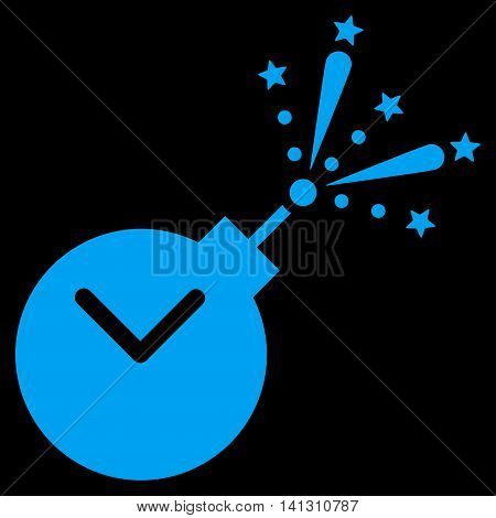 Time Fireworks Charge vector icon. Style is flat symbol, blue color, rounded angles, black background.