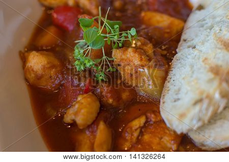 Goulash Soup Homemade Close Up. Stew With Fresh Toasted Bread. Goulash Traditional Hungarian Meal.