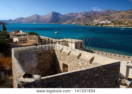 Old building with no roof on the island of Spinalonga. Mirabello Bay. Crete.