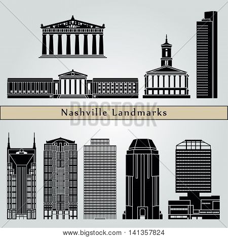 Nashville landmarks and monuments isolated on blue background in editable vector file