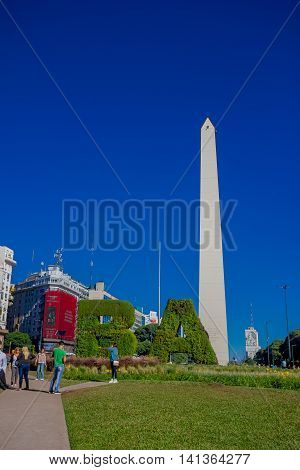 BUENOS AIRES, ARGENTINA - MAY 02, 2016: the obelisk of buenos aires is a traditional and historic building located in plaza de la republica, in the interseccion of 9 de julio and corrientes avenues .