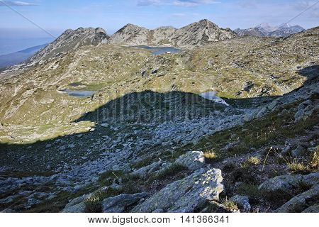 Panoramic view of Tevno lake from Kralev Dvor Peak, Pirin Mountain, Bulgaria