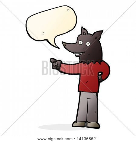 cartoon wolf man pointing with speech bubble