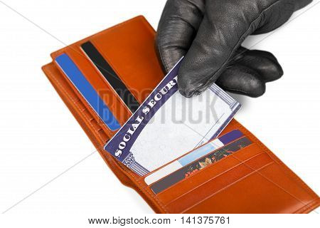 Hand in Glove Stealing a Social Security Card from a Wallet