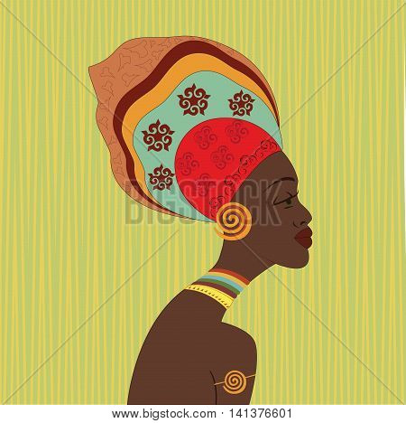 African ethnic woman face. Profile view. Young attractive girl from tribe with colorful turban.