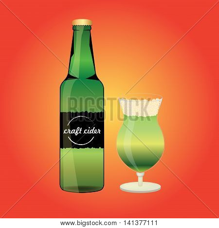 Bottle of the apple cider with glass. Summer alcohol drink. Flat style design.
