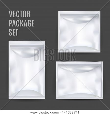 White Blank Foil Food Snack Sachet Bag Packaging For Coffee Salt Sugar Pepper Spices Sachet Sweets Chips Cookies. Vector Mock Up Illustration Isolated.