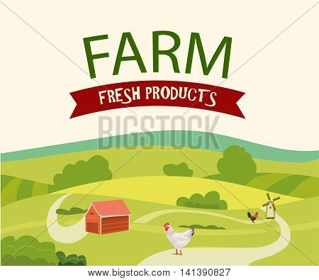 Rural Farm Landscape with Hen and Rooster . Vector Illustration.