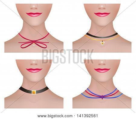 Model Neck Set with Modern Necklace Choker Accessories. Fashion Vector Illustration.