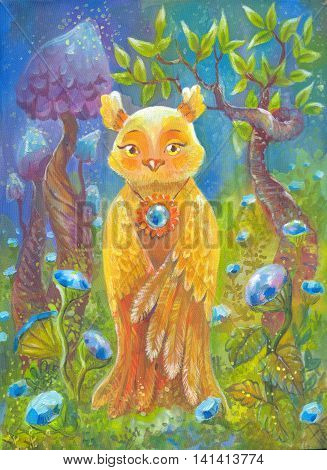 Fantastic owl fantasy background. Creative poster suit for print on clothes t-shirt children illustration. Hand-drawn painting on silk. Cute character. Magic landscape.