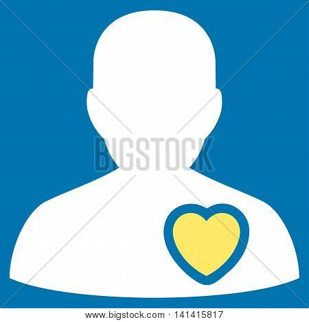 Patient Heart vector icon. Style is bicolor flat symbol, yellow and white colors, rounded angles, blue background.