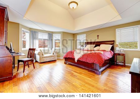 Elegant Bedroom With Cherrywood Furniture Set And High Ceiling.
