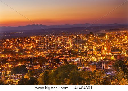 San Miguel de Allende Mexico Miramar Overlook Sunset Mountaints White Church Houses