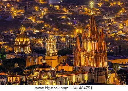 San Miguel de Allende Mexico Miramar Overlook Night Parroquia Archangel Church Close Up Churches Houses