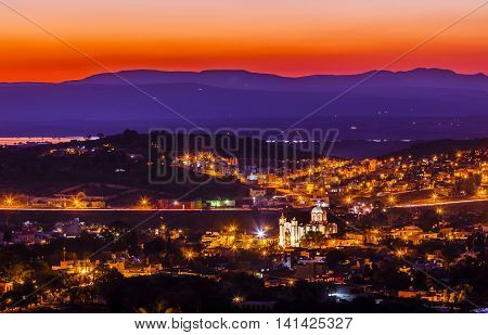 San Miguel de Allende Mexico Miramar Overlook Sunset Mountaints White Church Houses
