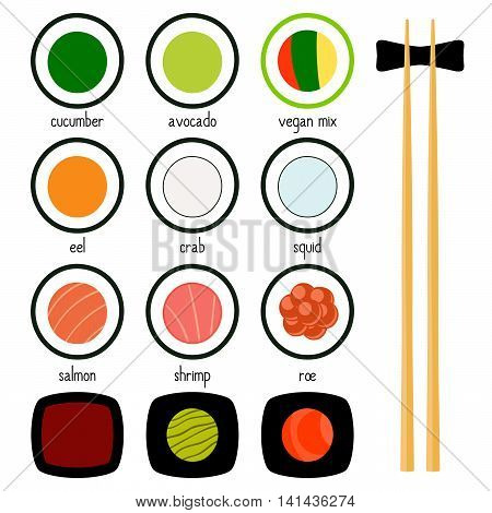 Simple sushi wasabi chopsticks icons set. Vector illustration. japanese food symbols for menu design web and other. Salmon cucumber avocado roe caviar eel