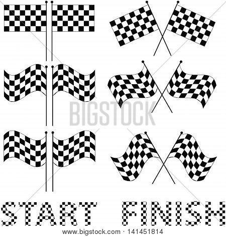 Checkered flags set for racing and autosport design, such a logo. Words - the start and finish made of white and black squares, vector for print or design