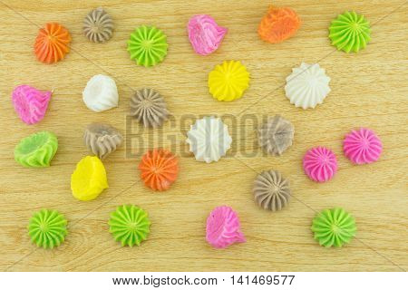 Aalaw candy, colorful Thai dessert with sugar crust and soft chewy inside made from flour,selective focus