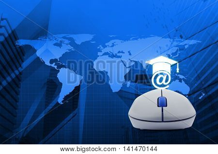 Wireless computer mouse with e-learning icon over map and city tower background Study online concept Elements of this image furnished by NASA