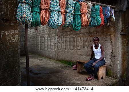 Freetown Sierra Leone - June 1 2013: to the market the seller of ropes