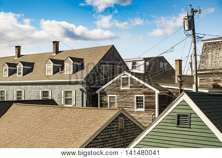 Row of buildings on a block in Kennebunkport, Maine Usa
