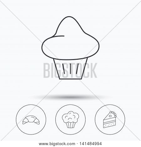 Croissant, brioche and piece of cake icons. Sweet muffin linear sign. Linear icons in circle buttons. Flat web symbols. Vector