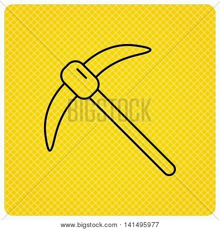 Mining tool icon. Pickaxe equipment sign. Minerals industry symbol. Linear icon on orange background. Vector