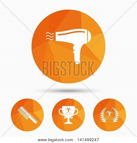 Hairdresser icons. Scissors cut hair symbol. Comb hair with hairdryer symbol. Barbershop laurel wreath winner award. Triangular low poly buttons with shadow. Vector