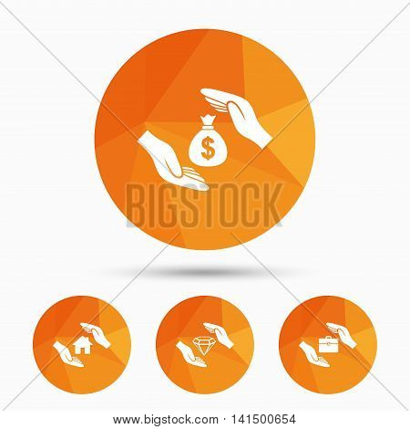 Hands insurance icons. Money bag savings insurance symbols. Jewelry diamond symbol. House property insurance sign. Triangular low poly buttons with shadow. Vector