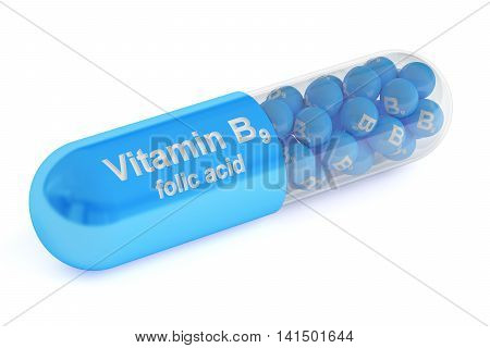 Vitamin capsule B9 3D rendering isolated on white background