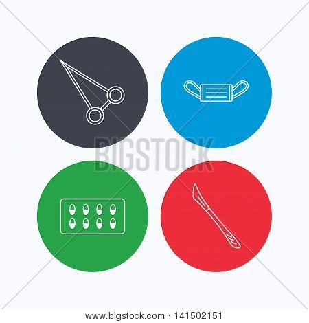 Medical mask, capsules and scalpel icons. Peans forceps linear sign. Linear icons on colored buttons. Flat web symbols. Vector