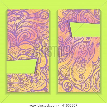 Template flyer or package  with Zen doodle or  Zen tangle  pattern in light green lilac yellow for advertising cosmetic perfumer  or for decorate other things