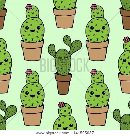 Seamless vector background c hand-painted cute cartoon cactus.