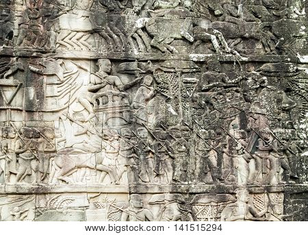 Bas-relief On The Wall, Angkor, Cambodia