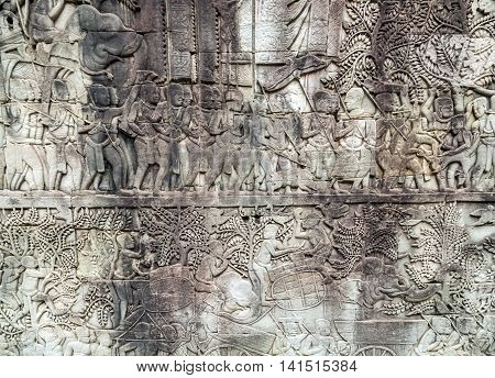 Bas-relief On The Wall, Angkor, Cambodia