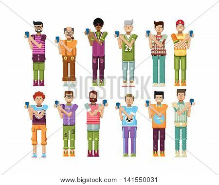 Stock vector illustration isolated set of men touch screen smartphone by hands, men show screen of phone, mens sportswear comfortable clothes in flat style on white background
