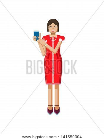 Stock vector illustration isolated of European woman with dark hair in red dress, high heels shoes, woman touch screen smartphone by hand, woman shows screen of phone in flat style on white background