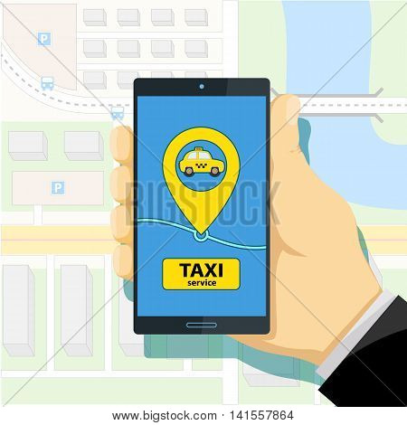 Mobile app to call a taxi. Man holding a smartphone in his hand. Stock Vector cartoon illustration.
