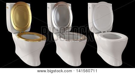 3D rendering a set of a toilet bowl with colors gold chrome and white isolated on black background.