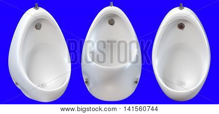 3d rendering a set of white design ceramic urinals isolated on a blue background for easy to cut out.