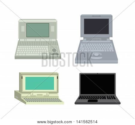 Old computer technology vector isolated. Telecommunication equipment old vintage pc monitor frame computer modern office network. Old computer device electronic equipment space.