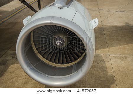 Close up Jet engine turbine of airplane