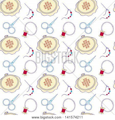 Hoop scissors organizer spool and other tools for embroidery. Bright vector seamless pattern on white background for use in design web site packaging textiles paper.