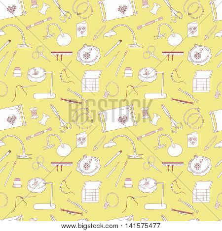 Frame for embroidery scissors organizer spool a magnifying glass and other accessories. Collected in a vector Seamless pattern for use in design web site packaging textiles paper.