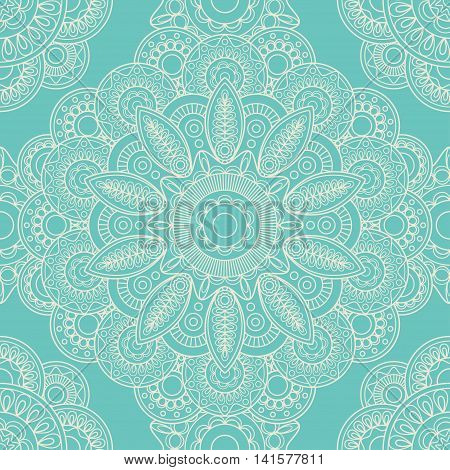 Blue lace boho doodle seamless pattern. Vector illustration