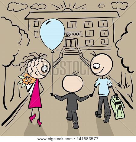 Parents accompany her son to school. Vector cartoon illustration