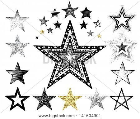 Collection of hand-drawn and texture foil stars, vector doodles illustration for your design.